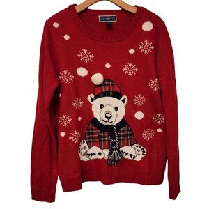 Karen Scott Patchwork Teddy Bear‎ Sweater Winter Christmas Holiday Large EUC